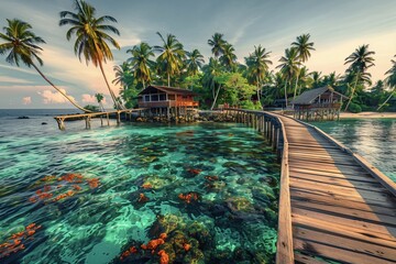 A Wooden Pier Extending into the Turquoise Waters of a Tropical Island with Coral Reefs Visible Below