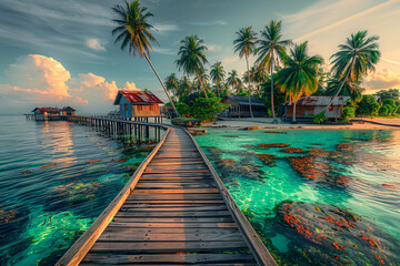 A Wooden Pier Extending into the Turquoise Waters of a Tropical Island with Coral Reefs Visible...