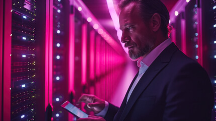 A businessman uses a tablet to manage and monitor data in a computer server room. The modern setting symbolizes efficiency and technology in business operations. Generative AI.