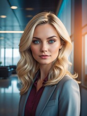 Good looking blonde woman portrait in office lobby professional tech lifestyle ad concept from Generative AI