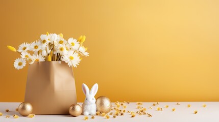 Ceramic bunny and daffodils in a beige bag with a bow, representing a festive Easter or springtime gift option.