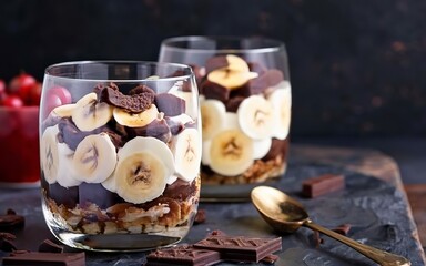 Dessert trifle with banana, chocolate biscuit and cream cheese