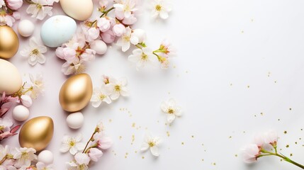 A delicate arrangement of golden and pastel Easter eggs amidst cherry blossoms, perfect for spring and Easter themed designs.