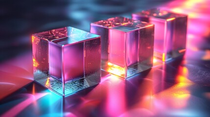 Shimmering 3d glass cubes on black backdrop with prism effect. Transparent rotating box with rainbow gradient. 3d render.
