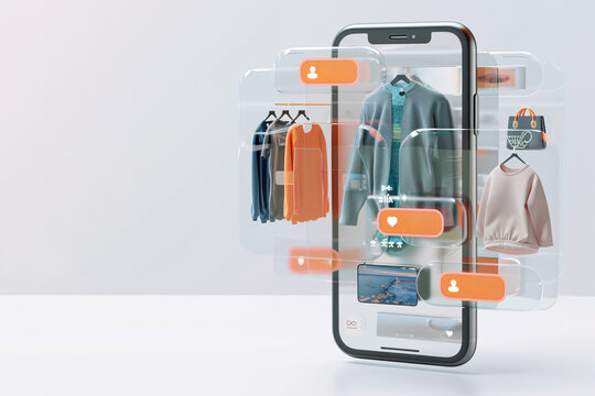 Online shopping 3d concepts, Smartphone mobile app interface with interactive icons