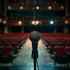 a microphone on a stand in front of an empty auditorium, symbolizing the opportunity and anticipation of speaking up, spotlight casting a warm glow
