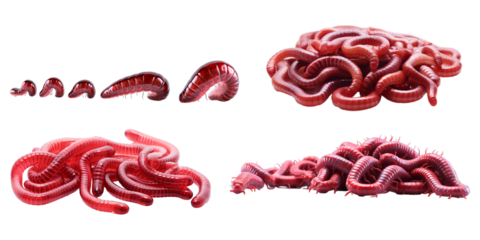 Collection of red worm isolated on a white background as transparent PNG