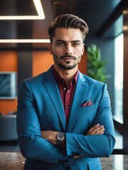 Fototapeta premium Good looking man portrait in office lobby professional tech lifestyle ad concept from Generative AI