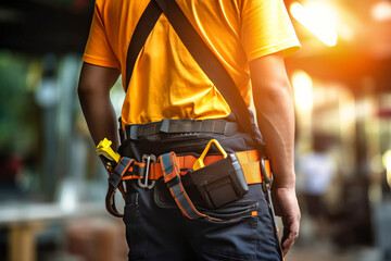 A man wearing a yellow shirt is holding a tool belt - obrazy, fototapety, plakaty