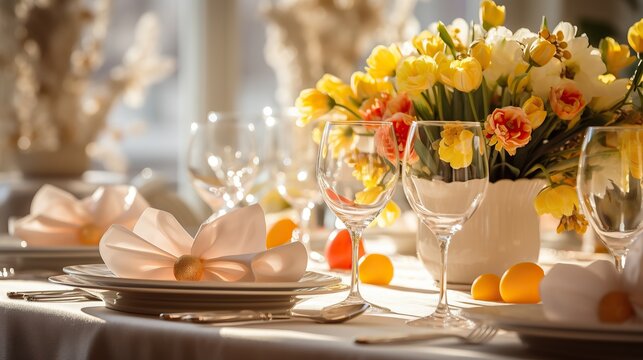 Sun-kissed Easter dining table adorned with yellow tulips and daffodils, crystal clear glassware, and golden accents.