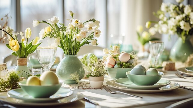 Springtime table setting featuring a green vase with fresh tulips, coordinating tableware, and pastel Easter eggs.