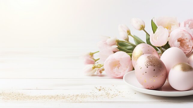 Lush Easter table arrangement with white flowers and greenery, pastel eggs, and a serene ambiance perfect for a spring editorial.