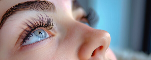 A detailed close-up of a womans eye showing long, beautifully styled eyelashes and makeup, possibly from a beauty salon