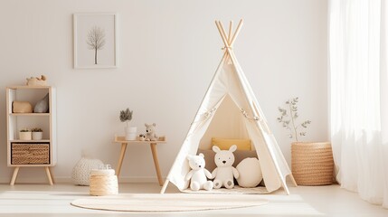 A cozy child's playroom with a vibrant yellow teepee, soft pillows, and playful Easter decorations