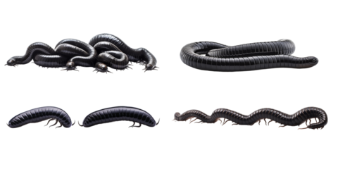 Collection of black worm isolated on a white background as transparent PNG