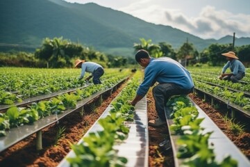 Engineering team inspecting and maintaining solar panels for green energy innovation