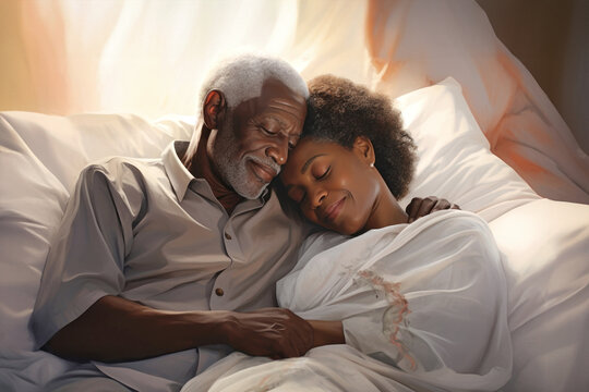 An elderly dark-skinned man and woman lay side by side in bed, expressing love and connection