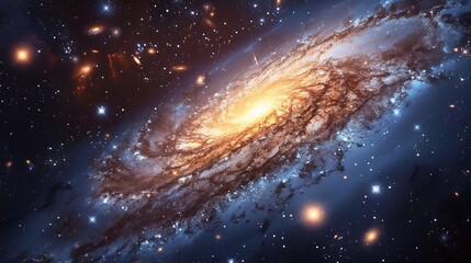 A view from space to a spiral galaxy and stars. Beauty of deep space. Universe filled with stars, nebula and galaxy. Colorful space background with stars. 