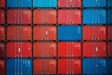 Stacked cargo containers in sea port storage area, import-export concept for national goods delivery