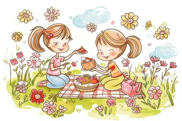 Cartoon cute doodles of children having a picnic among blooming flowers in the garden, Generative AI