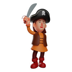 3D illustration. 3D Cartoon pirate waving and holding a sword. wearing a cool hat. showing a cute smiling expression. 3D Cartoon Character