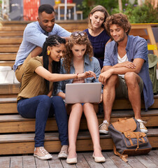 Students, teamwork or laptop for online research on campus, break or internet on class assignment. Friends, diversity or technology at university for social media or talking for networking in college