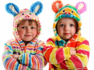 Portrait of children in festive multicolored bunny outfits with folded arms and serious faces