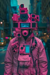 A unique portrait of a person adorned with multiple pink vintage cameras walking in an urban environment