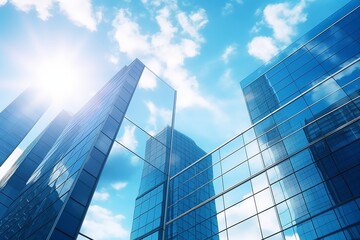 Fototapeta na wymiar Modern office building with glass facades, blue sky. Business, economy concept. Bottom-up view