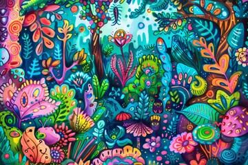 Naklejka premium Cartoon cute doodles of a whimsical garden filled with magical plants and creatures, Generative AI