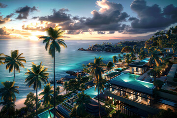 Fototapeta na wymiar Luxury Resort Nestled among Palm Trees on a Tropical Island