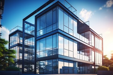 Obraz premium Modern office building with glass facades, blue sky. Economy, business concept, bottom-up view