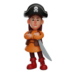 3D illustration. Cartoon 3D pirate Character showing angry expression. with arms crossed forward. wearing cute pirate costumes. 3D Cartoon Character