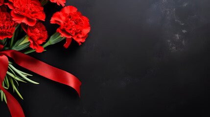 Red carnations on a black background. Funeral services, a card with a place for the text.