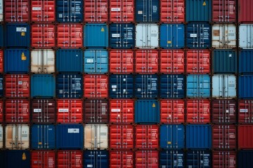 Stacked cargo containers in freight sea port terminal, export-import and national delivery