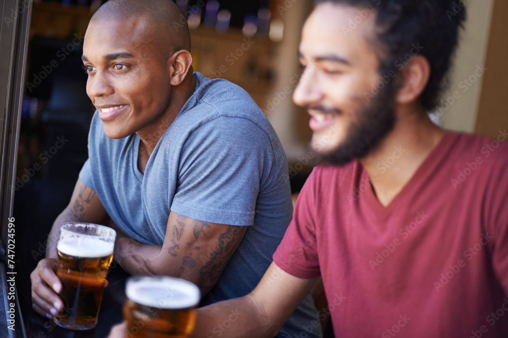 Sticker Friends, men and happiness in pub with beer for happy hour, relax or social event with window view. Diversity, people and drinking alcohol in restaurant or club with smile for bonding and celebration