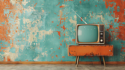 Old tv on a wall. Copy space.