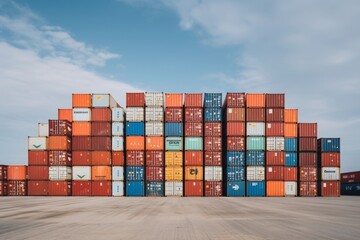 Fototapeta premium Stacked cargo containers at sea port terminal, concept of export-import and delivery of goods
