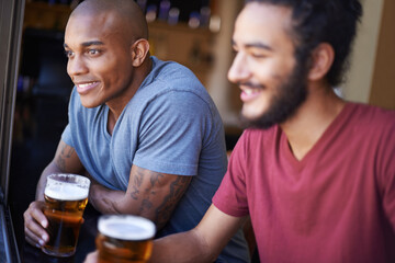 Friends, men and happiness in pub with beer for happy hour, relax or social event with window view....