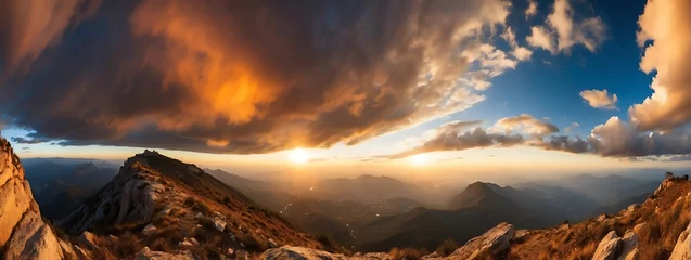 Zelfklevend Fotobehang Wide angle panoramic view of a beautiful landscape on top of mountain with colorful clouds from Generative AI © sevenSkies