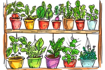 Cartoon cute doodles of a vegetable garden growing in pots on a sunny balcony, Generative AI