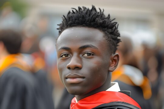 Retrato de chico afrodescendiente en su ceremonia de graduacion orgulloso y feliz.  Estudiante vestido con toga negra y estola roja al fondo sus compa&ntilde;eros.