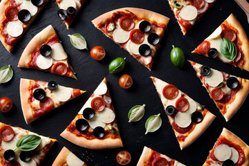 Sliced pizza on black table surface, flat lay. Top view of sliced pizza with various toppings on a dark textured background. Tasty fast food concept. Copy ad text space. Generate Ai