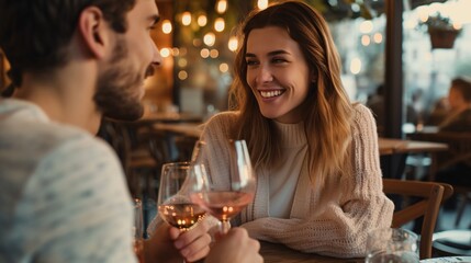 Attractive pair enjoying a romantic outing at a coffee shop while sipping blush-colored wine.