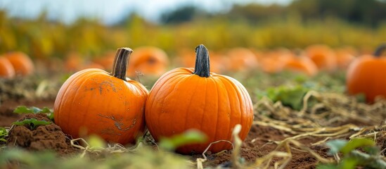 Two pumpkins are nestled among a sea of vibrant orange calabaza in a lush field. The natural landscape is dotted with the natural foods of cucurbita and squash, providing a picturesque setting.