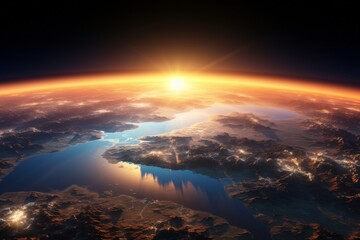 Sunrise view of earth from space, sun reflecting on ocean, horizon of planet earth over sunlit ocean