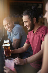 Friends, men and smile in pub with beer for happy hour, relax or social event with window view....