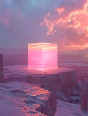  A glowing pink cube stands on a dry, cracked landscape under a soft sunset, evoking mystery and contemplation © Glittering Humanity