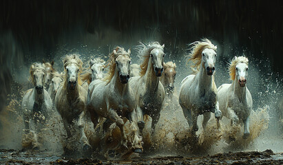 Herd of white horses galloping powerfully through water under a dramatic rain shower.