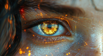 Close-up of a human eye with cityscape reflection, highlighting detail and emotion.